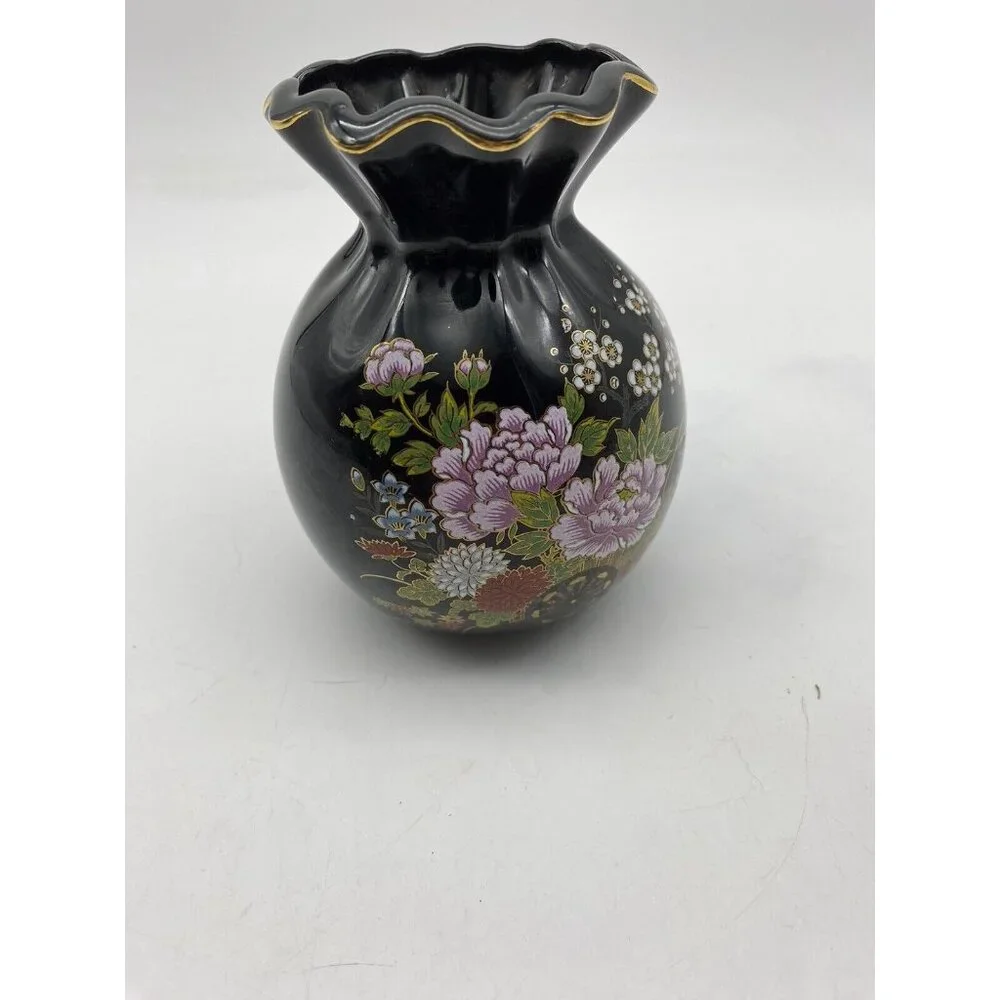 Vintage Japanese Black Floral Ceramic Vase‎ Ruffled Rim Gold Trim Cottagecore
